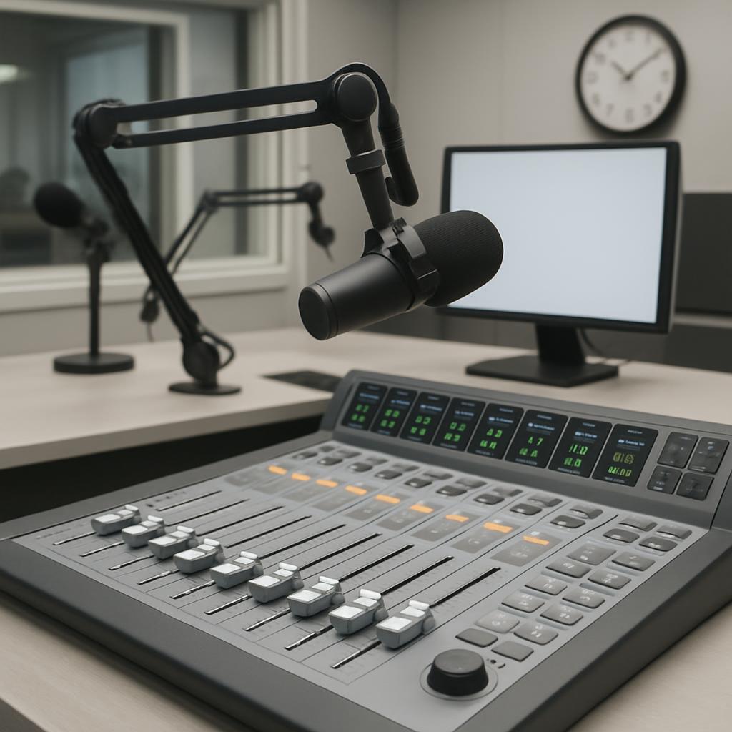 A radio studio with a microphone, fader board, and computer monitor, featuring various controls and settings.