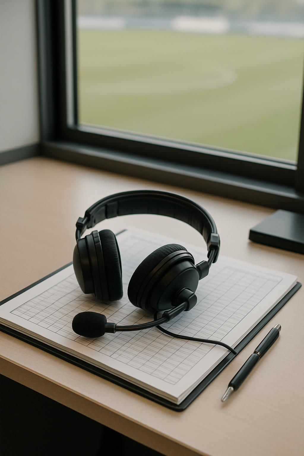 A pair of black over-the-ear headphones with a microphone laying on a tan desk next to a notebook with a declined grid bac...