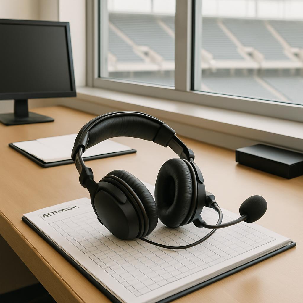 A close-up shot of a black headset, placed on an AFDXOH calendar, facing a window with a computer monitor and a black obje...